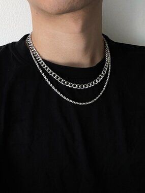 3/$35 NEW Silver Tone Curb & Rope Chain Layered Necklace Set Men